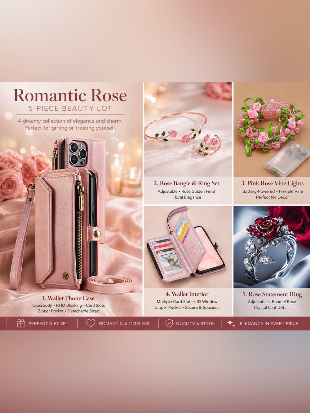 Romantic Rose Gift Bundle Perfume Jewelry Wallet Phone Case Fairy Lights Set